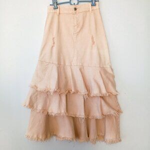 Balboa Stretch Denim Tiered Ruffle Midi Skirt – Peach, Frayed Hem | Size S